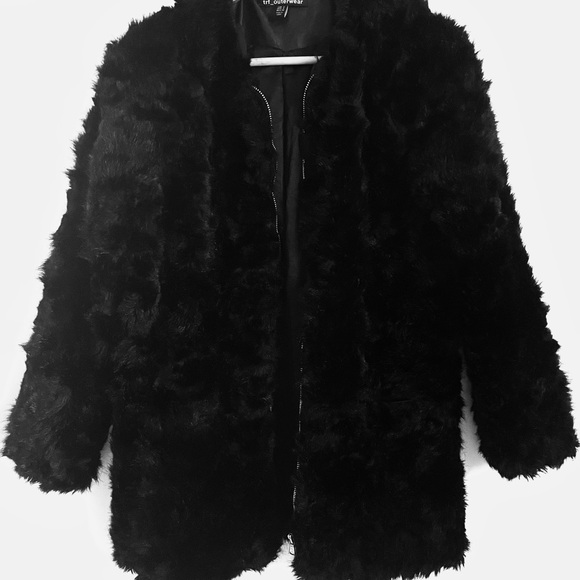 Zara Trf Outerwear Fuzzy Faux Fur Collarless Zip Front Coat in Black Size S EUC - Picture 2 of 16